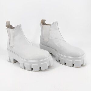 Prada Monolith White Leather Chelsea Ankle Boots Lug Sole Size 37 US 7 Women's